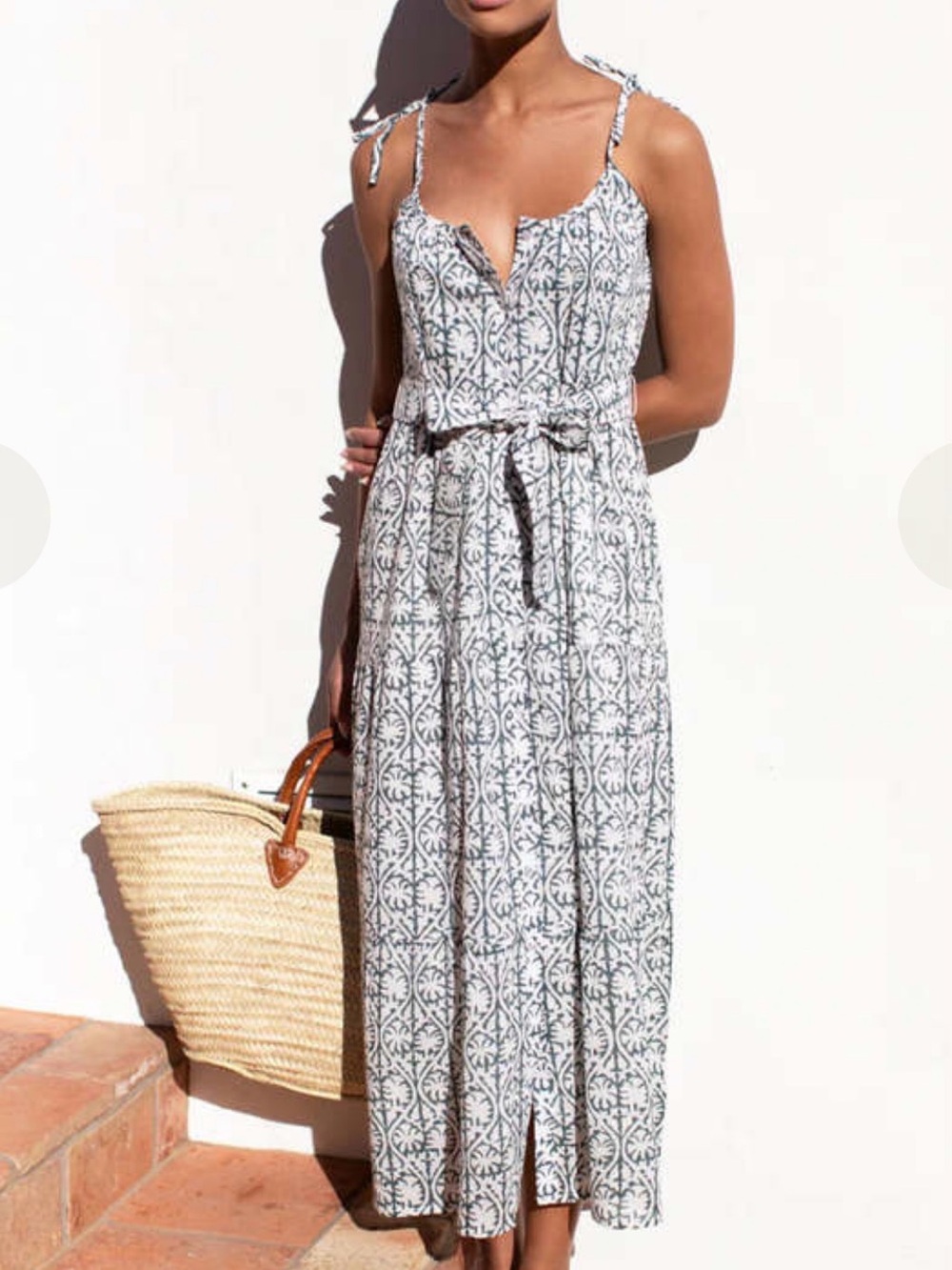 Love Thomas Emerson Fry White and Gray Block Printed Tie-Shoulder Maxi Dress